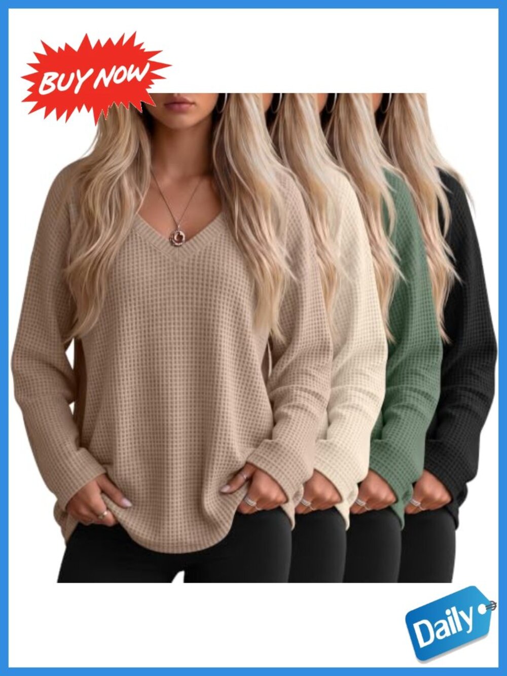 Waffle Knit Long Sleeve V-Neck Oversized Sweatshirt Pullover
